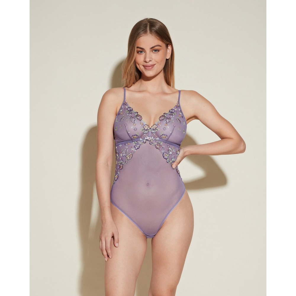Cosabella Floral Embroidered Mesh‎ Bodysuit Purple Sheer Thong Lingerie New XL